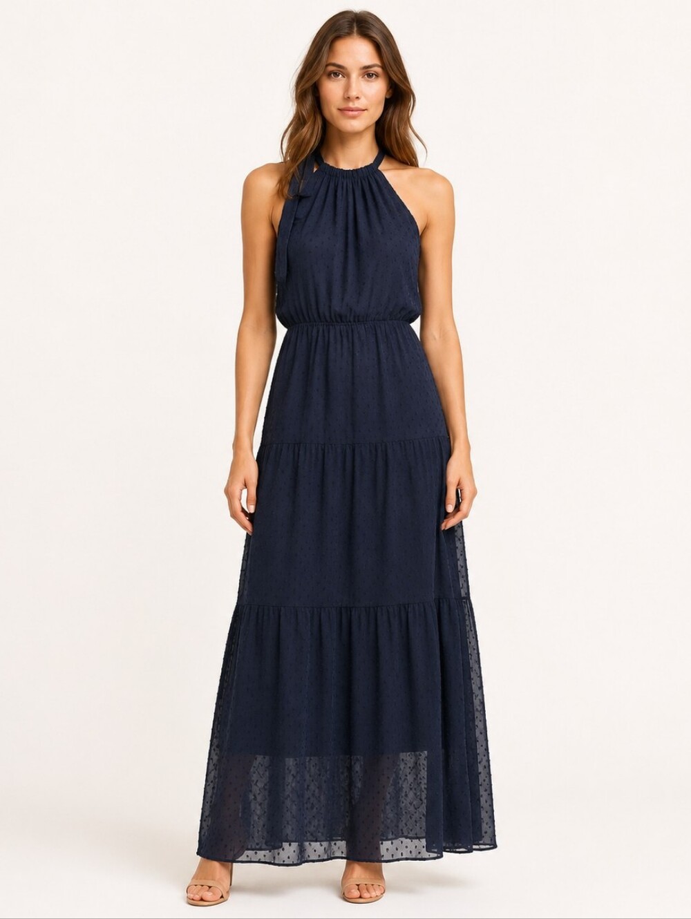 ECOWISH Navy Swiss Dot Halter Tiered Maxi Dress Size M. #0244